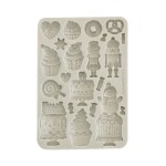 Foremka silikonowa do odlewów format A5 marki Stamperia. Zawiera motywy łakoci, tortów, babeczek, cukierków. lizaków. Kod producenta KACMA584. Idealna do dekoracji w decoupage i różnych pomysłów DIY.