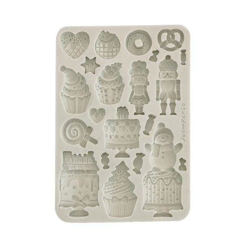 Foremka silikonowa do odlewów format A5 marki Stamperia. Zawiera motywy łakoci, tortów, babeczek, cukierków. lizaków. Kod producenta KACMA584. Idealna do dekoracji w decoupage i różnych pomysłów DIY.