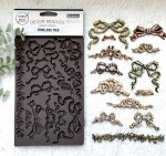 Forma silikonowa do odlewów 20x13 cm marki Prima wzór Timeless Ties.  Zawiera 11 ozdoobnych kokard różnej wielkości oraz girlandę z gałązki. Idealna do decoupage, mixmediów, stylizacji mebli i dekoracji cukierniczych.