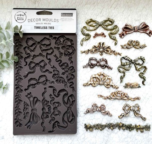 Forma silikonowa do odlewów 20x13 cm marki Prima wzór Timeless Ties.  Zawiera 11 ozdoobnych kokard różnej wielkości oraz girlandę z gałązki. Idealna do decoupage, mixmediów, stylizacji mebli i dekoracji cukierniczych.