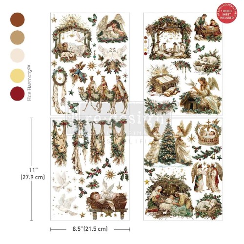 Middy Transfers® Sacred Night Collection -  transfer meblowy zawierający 3 arkusze + 1 bonusowy, każdy o wymiarach 21x30cm marki ReDesign Prima. Zawiera motywy bożonarodzeniowej szopki, anioły, choinkę, trzech króli.