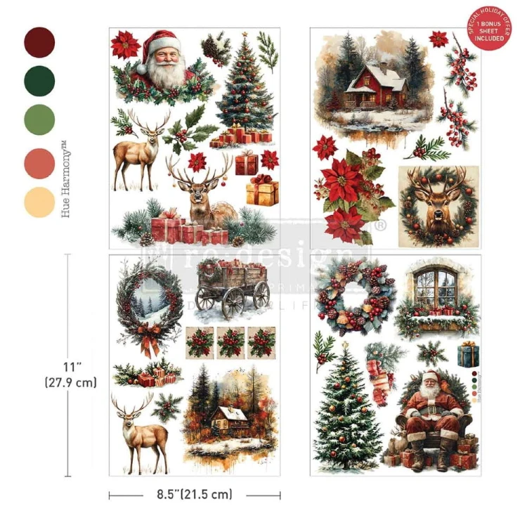 Middy Transfers® Yuletide Nostalgia -  transfer meblowy zawierający 3 arkusze + 1 bonusowy, każdy o wymiarach 21x30cm marki ReDesign Prima. Zawiera mix bożonarodzeniowych motywów: Św. Mikołaj, choinka, prezenty, renifery, wieńce, poisencje, zimowe widoki.