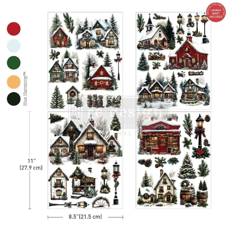 Middy Transfers® Village Of Wonder-  transfer meblowy zawierający 3 arkusze + 1 bonusowy, każdy o wymiarach 21x28cm marki Prima. Zawiera motywy zimowych domków w bajkowej scenerii, ośnieżone dachy, latarnie, szyszki, iglaste gałązki.