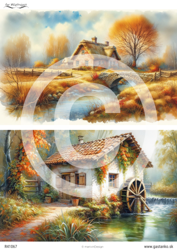 Papier ryżowy GA41067 Jesienne klimaty: Dwa widoczki w jesiennej scenerii, kolorowe barwy jesieni z sielskimi krajobrazami, strumyk, młyńskie koło, dom pokryty strzechą