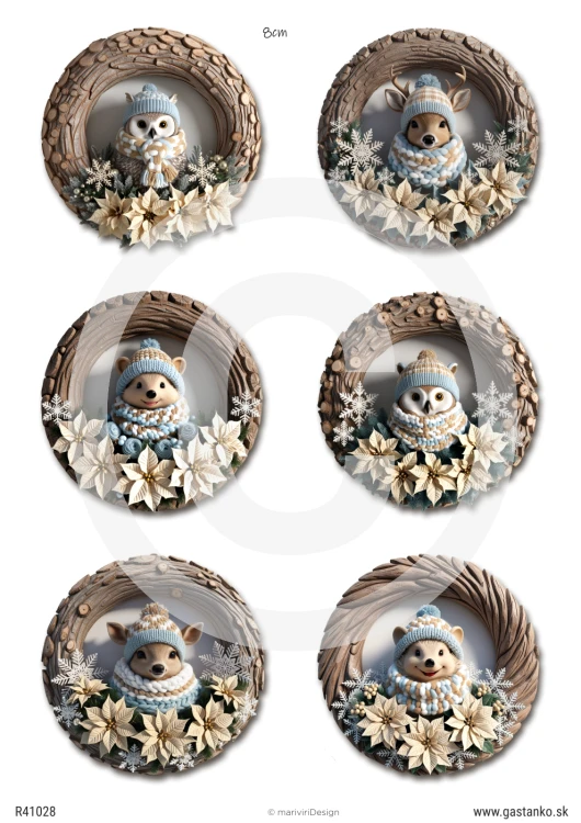 Papier ryżowy GA41028 Mamy tu sześć okrągłych motywów o średnicy 8cm ze słodkimi leśnymi zwierzętami w ubrankach w pastelowo błękitnych czapkach i szalach.