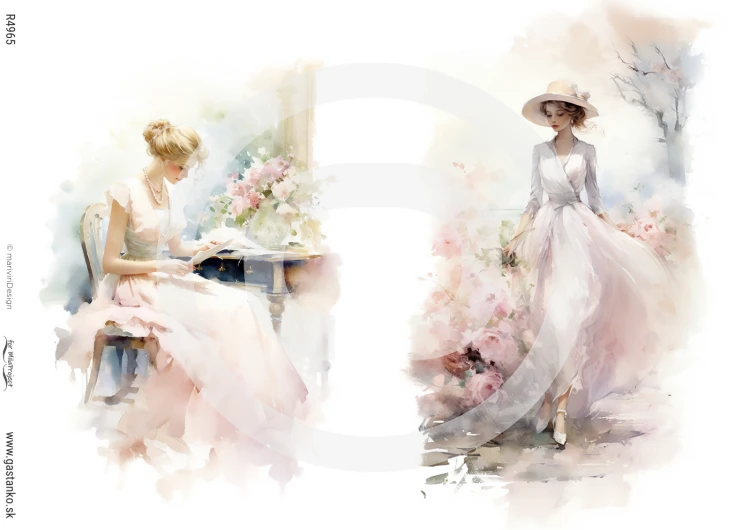 Papier ryżowy A4 - damy w pastelowych kwiatach | ©mariviriDesign