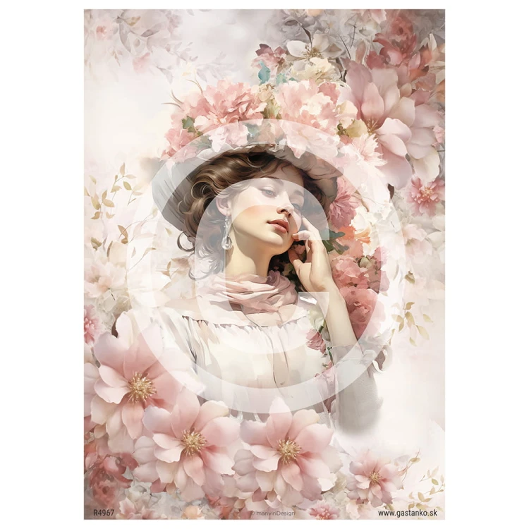 Papier ryżowy format A4 marki mariviriDesign, z romantycznym motywem damy w kwiatowym kapeluszu stylu retro, w otoczeniu pastelowych, różowych kwiatów. Idealny do decoupage i projektów DIY.