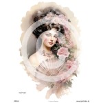 Papier ryżowy format A4 marki mariviriDesign, z romantycznym motywem - portret damy z wachlarzem w stylu retro, w otoczeniu pastelowych, różowych kwiatów. Idealny do decoupage i projektów DIY.