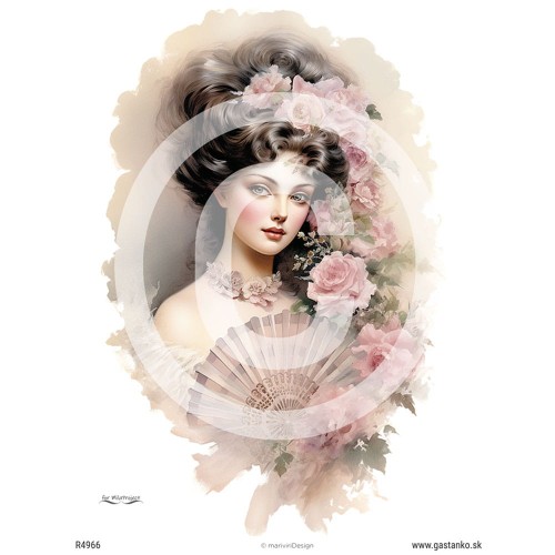 Papier ryżowy format A4 marki mariviriDesign, z romantycznym motywem - portret damy z wachlarzem w stylu retro, w otoczeniu pastelowych, różowych kwiatów. Idealny do decoupage i projektów DIY.