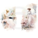 Papier ryżowy format A4 marki mariviriDesign, z motywami dwóch dam w romantycznych sceneriach, w otoczeniu pastelowych, różowych kwiatów. Idealny do decoupage i projektów DIY.