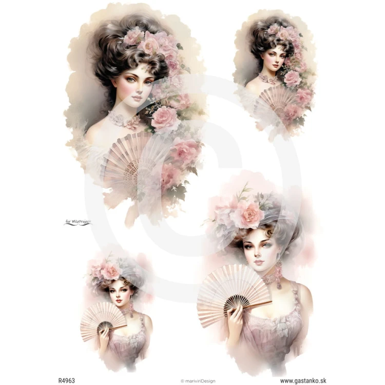 Papier ryżowy format A4 marki mariviriDesign. Cztery, romantyczne portrety damy z wachlarzem stylu retro, w otoczeniu pastelowych, różowych kwiatów. Idealny do decoupage i projektów DIY.