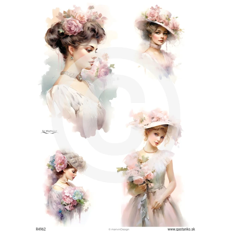 Papier ryżowy format A4 marki mariviriDesign, z czterema romantycznymi portreatmi  damy w otoczeniu pastelowych, różowych kwiatów. Idealny do decoupage i projektów DIY.
