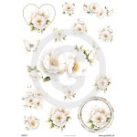 Papier ryżowy format A4 marki mariviriDesign. Zawiera motywy białych kwiatów - rozkwitniętej dzikiej róży.  Idealny do decoupage i projektów DIY.