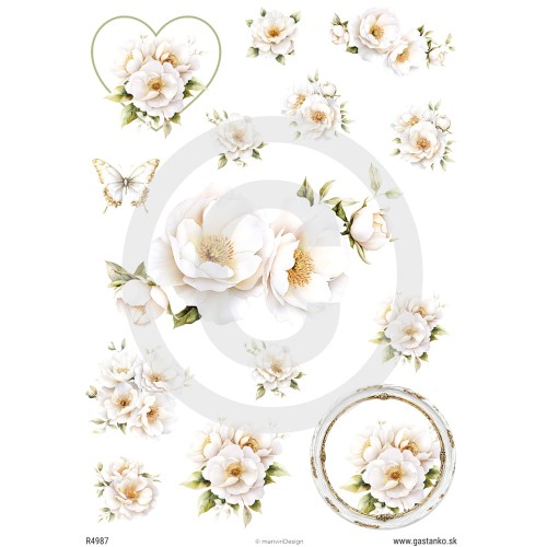 Papier ryżowy format A4 marki mariviriDesign. Zawiera motywy białych kwiatów - rozkwitniętej dzikiej róży.  Idealny do decoupage i projektów DIY.