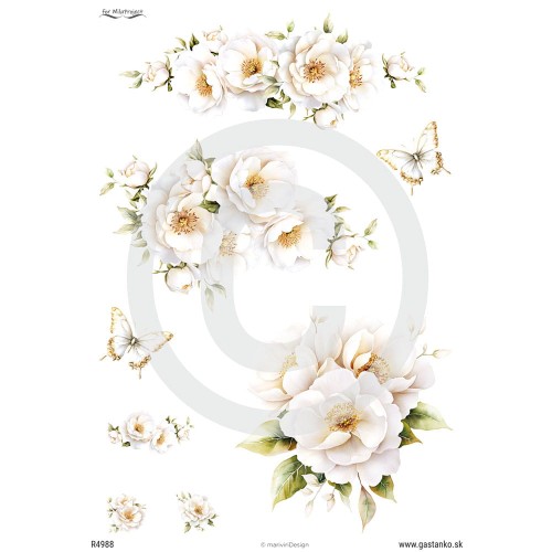 Papier ryżowy format A4 marki mariviriDesign. Zawiera motywy białych kwiatów - rozkwitniętej dzikiej róży oraz motyle. Idealny do decoupage i projektów DIY.
