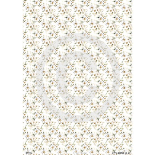 Papier ryżowy format A4 marki mariviriDesign. Zawiera motywy drobnych białych kwiatów dzikiej róży.  Sprawdzi się jako tło, tapeta w projektach decoupage i różnych pomysłach DIY.