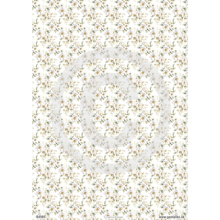 Papier ryżowy format A4 marki mariviriDesign. Zawiera motywy drobnych białych kwiatów dzikiej róży.  Sprawdzi się jako tło, tapeta w projektach decoupage i różnych pomysłach DIY.
