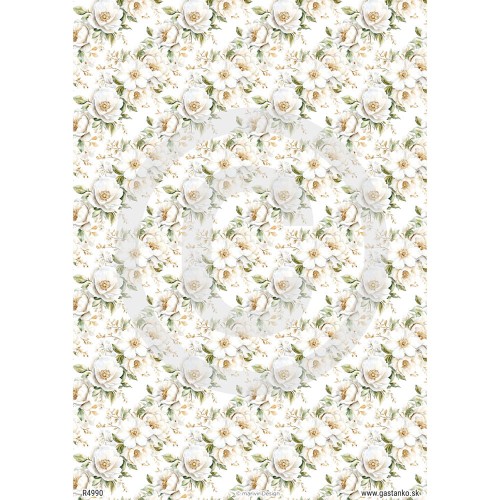Papier ryżowy format A4 marki mariviriDesign. Zawiera motywy girland ułożonych z białych kwiatów dzikiej róży.  Sprawdzi się jako tło, tapeta w projektach decoupage i różnych pomysłach DIY.