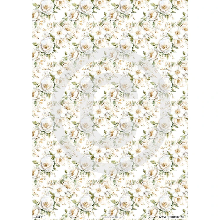 Papier ryżowy format A4 marki mariviriDesign. Zawiera motywy girland ułożonych z białych kwiatów dzikiej róży.  Sprawdzi się jako tło, tapeta w projektach decoupage i różnych pomysłach DIY.