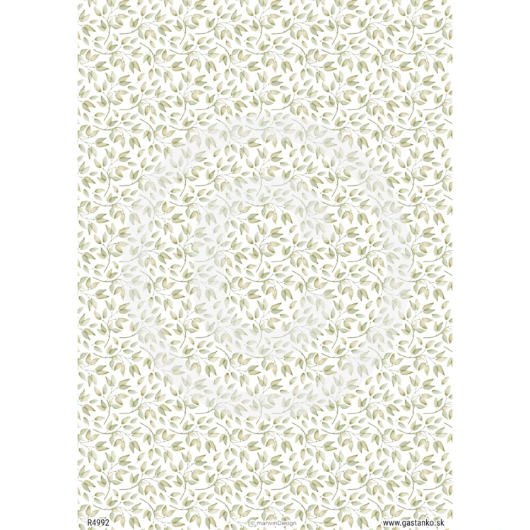 Papier ryżowy format A4 marki mariviriDesign. Zawiera motywy drobnych, delikatnych listków. Sprawdzi się jako tło, tapeta w projektach decoupage i różnych pomysłach DIY.