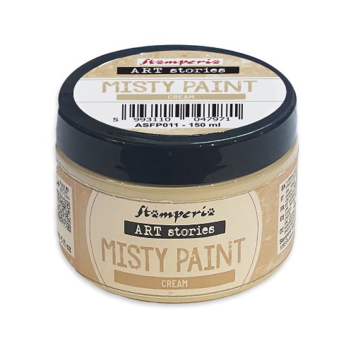 Farba akrylowa Misty Paint marki Stamperia 150ml, kolor Cream. Idealna do tworzenia efektów przenikania, rozmycia i subtelnych przejść tonalnych za pomocą wody. Sprawdzi się technikach mixedmedia, decoupage, DIY.