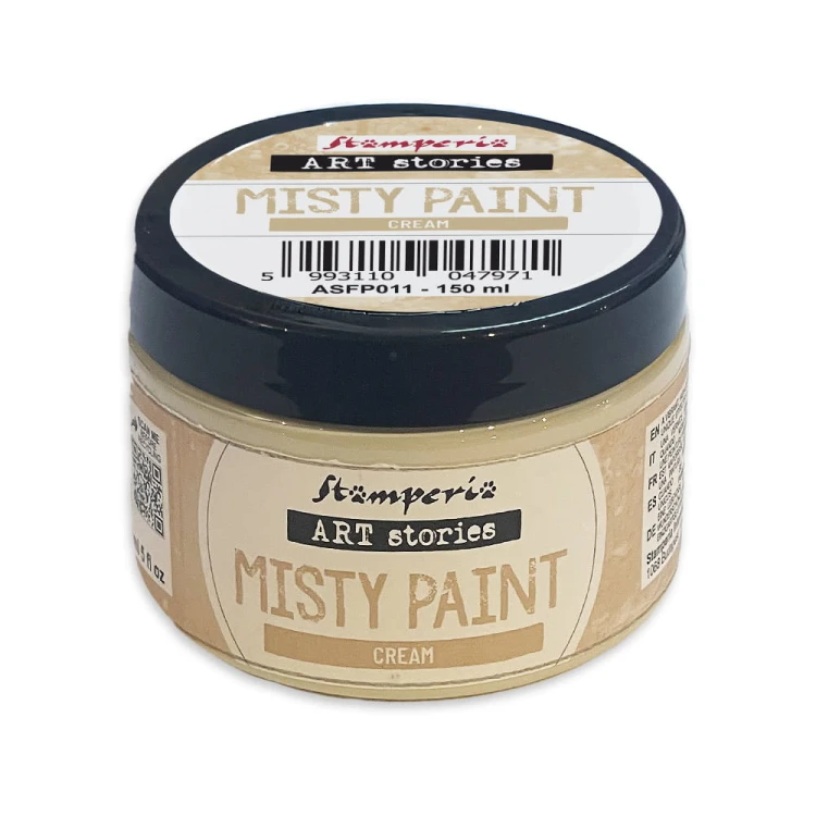 Farba akrylowa Misty Paint marki Stamperia 150ml, kolor Cream. Idealna do tworzenia efektów przenikania, rozmycia i subtelnych przejść tonalnych za pomocą wody. Sprawdzi się technikach mixedmedia, decoupage, DIY.