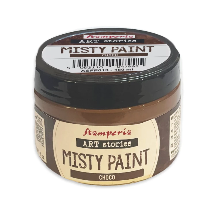 Farba akrylowa Misty Paint marki Stamperia 150ml, kolor Choco. Idealna do tworzenia efektów przenikania, rozmycia i subtelnych przejść tonalnych za pomocą wody. Sprawdzi się technikach mixedmedia, decoupage, DIY.