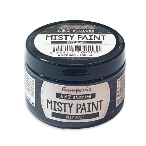 Farba akrylowa Misty Paint marki Stamperia 150ml, kolor Deep Black. Idealna do tworzenia efektów przenikania, rozmycia i subtelnych przejść tonalnych za pomocą wody. Sprawdzi się technikach mixedmedia, decoupage, DIY.