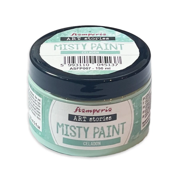 Farba akrylowa Misty Paint marki Stamperia 150ml, kolor Celadon. Idealna do tworzenia efektów przenikania, rozmycia i subtelnych przejść tonalnych za pomocą wody. Sprawdzi się technikach wodnych i mixmediach.