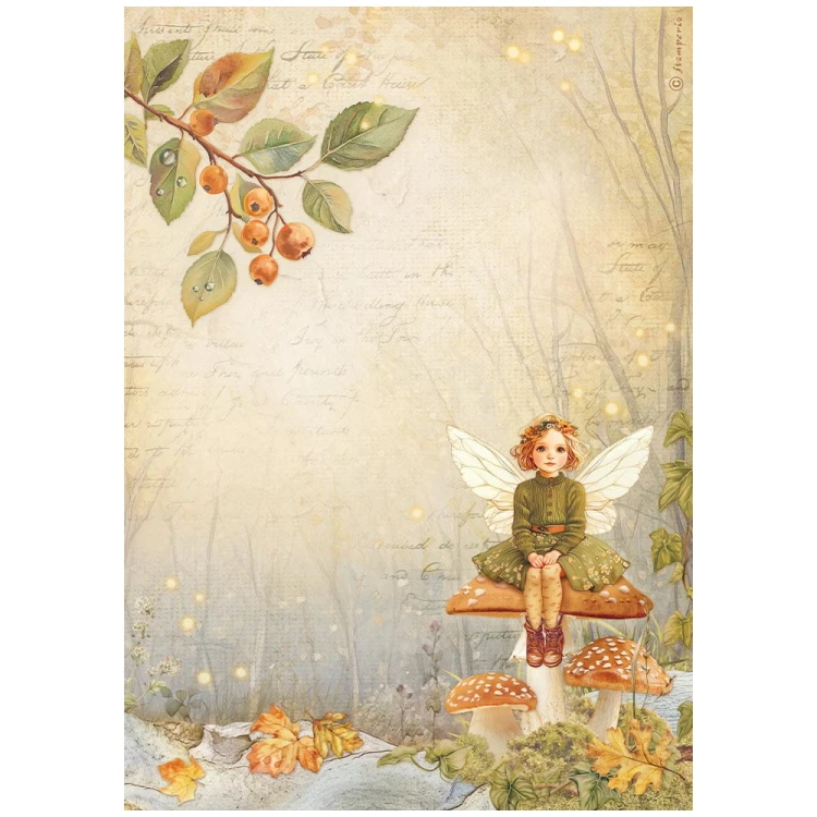 Papier ryżowy marki Stamperia format A4 z kolekcji  Whispering Woods. Zawiera motyw małej dziewczynki ze skrzydełkami, siedzącej na grzybku, w jesiennej scenerii. Idealny do decoupage i mixmedia. Kod producenta: DFSA41059