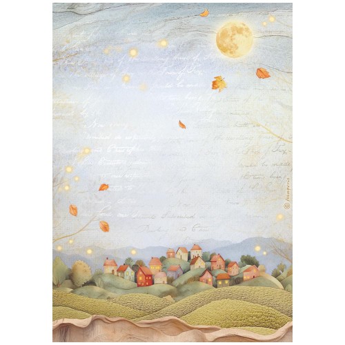 Papier ryżowy marki Stamperia format A4 z kolekcji  Whispering Woods. Zawiera bajkowy widok, odległe wzgórza z domkami, w tle widoczne pismo. Idealny do decoupage i mixmedia. Kod producenta: DFSA41058