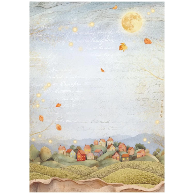 Papier ryżowy marki Stamperia format A4 z kolekcji  Whispering Woods. Zawiera bajkowy widok, odległe wzgórza z domkami, w tle widoczne pismo. Idealny do decoupage i mixmedia. Kod producenta: DFSA41058