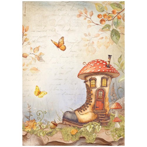 Papier ryżowy marki Stamperia format A4 z kolekcji  Whispering Woods. Zawiera bajkowy motyw domku kształcie buta z dachem jak kapelusz muchomora. Całość utrzymana w jesiennej scenerii.  Idealny do decoupage i mixmedia. Kod producenta: DFSA41061