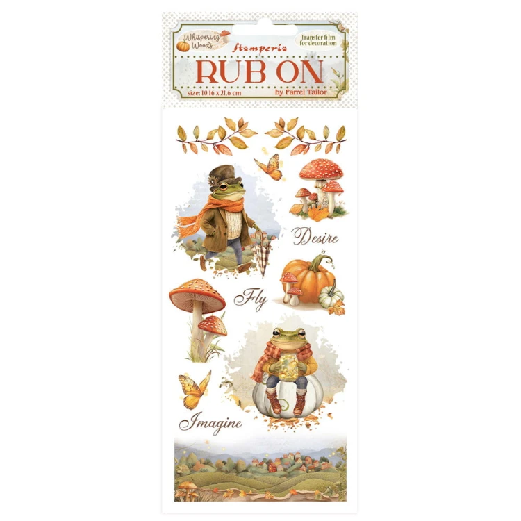 Rub-On transfer o wymiarach 10x21,6 cm marki Stamperia, kolekcja Whispering Woods. Zawiera motywy  jesienne: pan żaba w szaliku, muchomory, dynie, liście. Kod producenta DFLRB187.