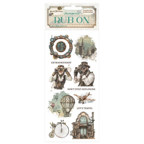 Rub-On transfer o wymiarach 10x21,6 cm. Zawiera motywy związane z podróżą: samolot, balon, podróżników z lornetkami. Marka Stamperia, kolekcja Voyages Fantastiques. Kod producenta DFLRB192