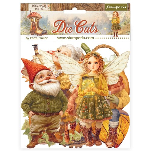 Tekturowe Kształty Die Cuts marki Stamperia z kolekcji Whispering Woods. Zawiera 47 elementów w klimacie bajkowym, w jesiennej kolorystyce: liście, żabka, krasnoludek, wróżki, grzybki. Idealne do wszystkich projektów DIY, decoupage, scrapbooking.