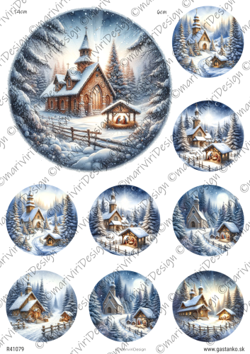 R41079  Papier ryżowy A4 - Zimowe sielskie widoczki w 9medalionach | ©mariviriDesign