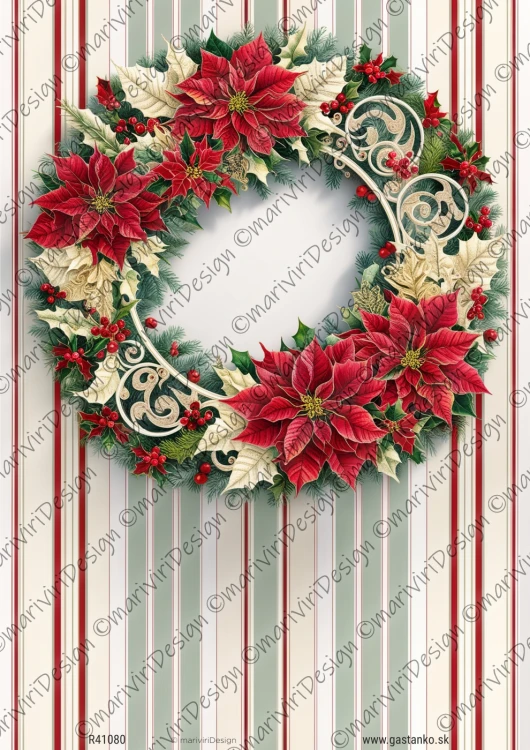 Papier ryżowy format A4 marki mariviriDesign. Zawiera okazały, bożonarodzeniowy wieniec bogato zdobiony poisencją. Idealny do decoupage i projektów DIY.