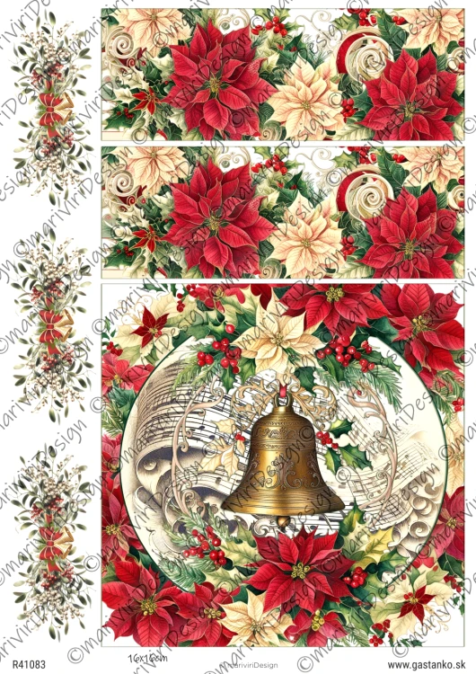 Papier ryżowy format A4 marki mariviriDesign. Zawiera trzy ilustracje z gwiazdą betlejemską, poisencją - królową świątecznych dekoracji. Idealny do decoupage i projektów DIY.