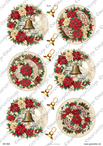 Papier ryżowy format A4 marki mariviriDesign. Zawiera sześć bożonarodzeniowych medalionów bogato zdobionych poisencją oraz dzwonkami. Idealny do decoupage i projektów DIY.