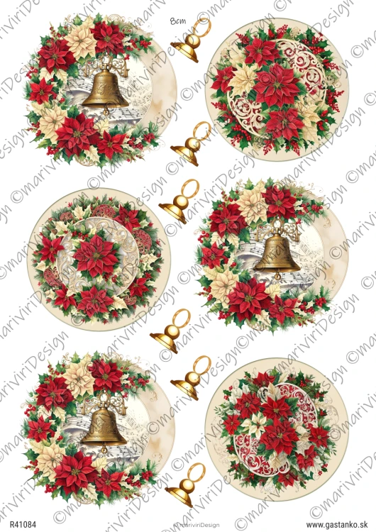 Papier ryżowy format A4 marki mariviriDesign. Zawiera sześć bożonarodzeniowych medalionów bogato zdobionych poisencją oraz dzwonkami. Idealny do decoupage i projektów DIY.