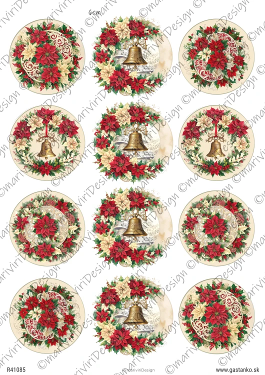 Papier ryżowy format A4 marki mariviriDesign. Zawiera dwanaście bożonarodzeniowych medalionów bogato zdobionych poisencją oraz dzwonkami. Idealny do decoupage i projektów DIY.