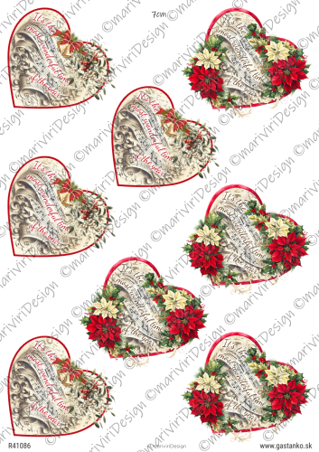 Papier ryżowy format A4 marki mariviriDesign. Zawiera osiem serc ze świątecznymi motywami, udekorowanych jemiołą, poisencją i napisami. Idealny do decoupage i projektów DIY.