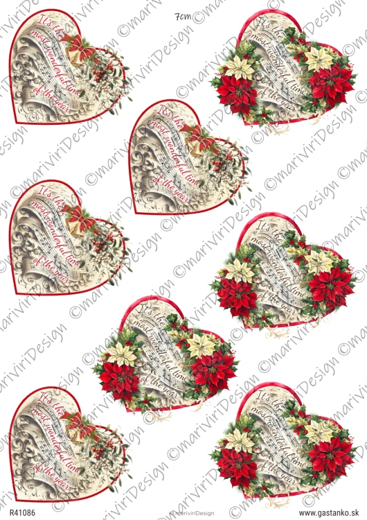 Papier ryżowy format A4 marki mariviriDesign. Zawiera osiem serc ze świątecznymi motywami, udekorowanych jemiołą, poisencją i napisami. Idealny do decoupage i projektów DIY.