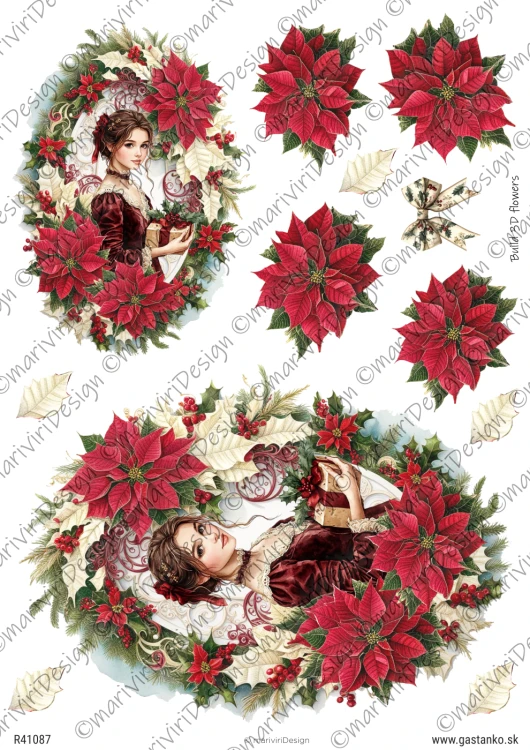Papier ryżowy format A4 marki mariviriDesign. Zawiera dwa porterty damy otoczone bogatym wiankiem z poisencji. Idealny do decoupage i projektów DIY.