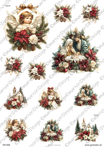 Papier ryżowy format A4 marki mariviriDesign. Zawiera dwanaście wzorów bożonarodzeniowych. Aniołki, szopki, poisencje, kościółki ozdobione świątecznymi motywami. Idealny do decoupage i projektów DIY.