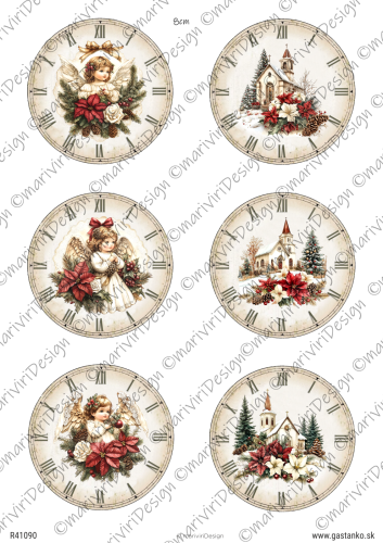 Papier ryżowy format A4 marki mariviriDesign. Zawiera sześć tarcz zegarowych ozdobionych świątecznymi motywami z aniołkami i kościółkami. Idealny do decoupage i projektów DIY.