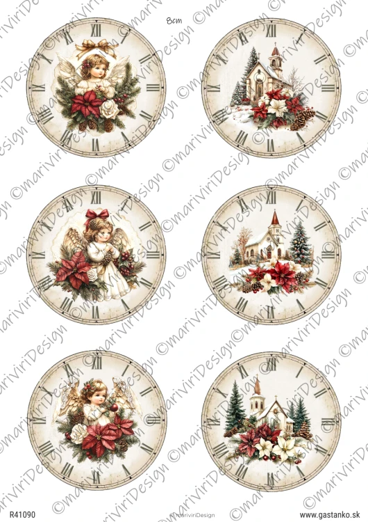 Papier ryżowy format A4 marki mariviriDesign. Zawiera sześć tarcz zegarowych ozdobionych świątecznymi motywami z aniołkami i kościółkami. Idealny do decoupage i projektów DIY.