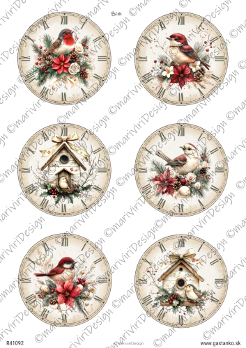 Papier ryżowy format A4 marki mariviriDesign. Zawiera sześć tarcz zegarowych o średnicy 8 cm, ozdobionych świątecznymi motywami z ptaszkami. Idealny do decoupage i projektów DIY.