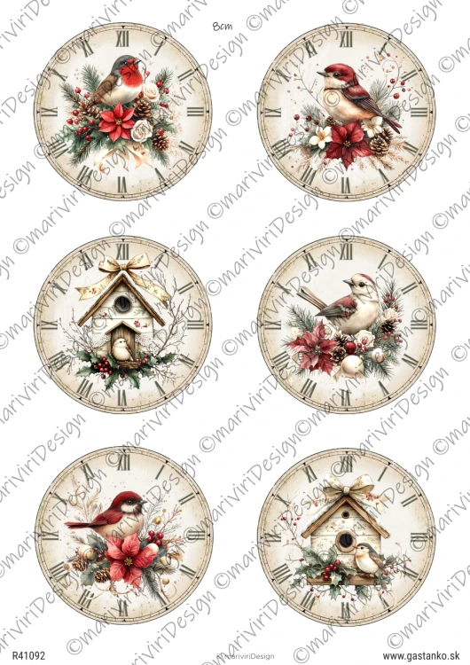 Papier ryżowy format A4 marki mariviriDesign. Zawiera sześć tarcz zegarowych o średnicy 8 cm, ozdobionych świątecznymi motywami z ptaszkami. Idealny do decoupage i projektów DIY.